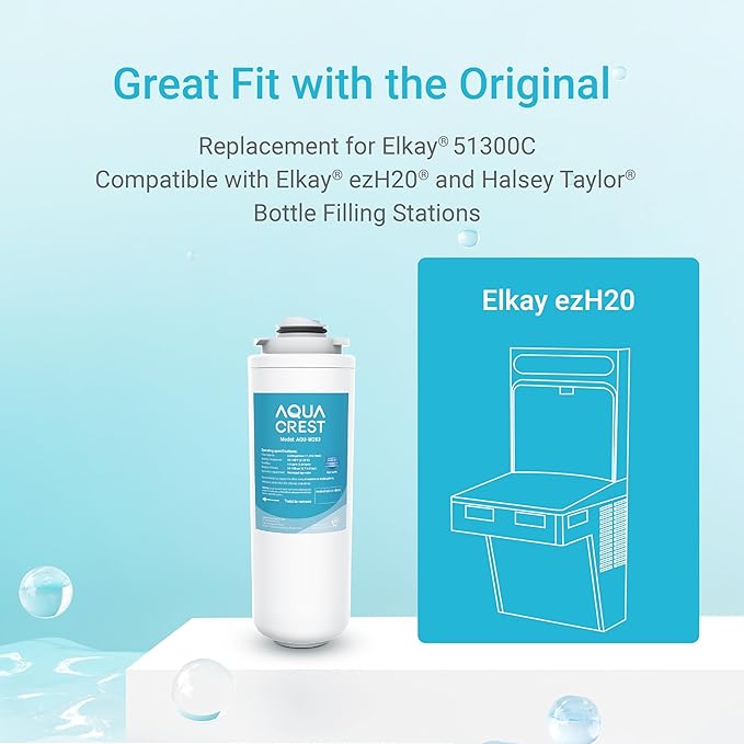 AQUA CREST 51300C Water Filter Replacement for Elkay® 51300C, [NO CHIP] Compatible with Elkay® ezH20® and Halsey Taylor® Bottle Filling Stations, NSF/ANSI 42, Reduces Chlorine, Bad Taste & Odor 2 Pack