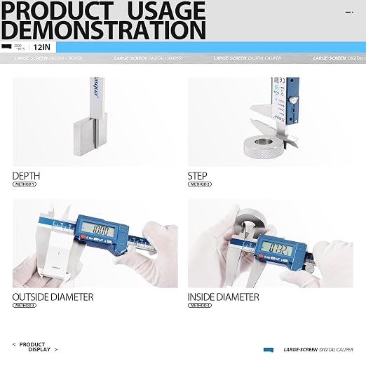 Dasqua 12" IP54 Digital Caliper, Stainless Steel Water-Resistant Precision Measuring Tool with Large LCD, Inch/Metric/Fraction Switch, Resolution 0.0005"/0.01mm/1/128, Accuracy ±0.001"/0.02mm