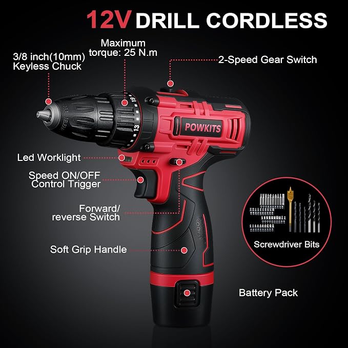 Cordless Drill Tool Set: 12V Power Drill Tool Kit with Battery & Charger, 25+1 Torque Setting, Portable Household Basic Drills Case for Men & Women, 2-Speed Electric Drill Set, 142 Piece, Red