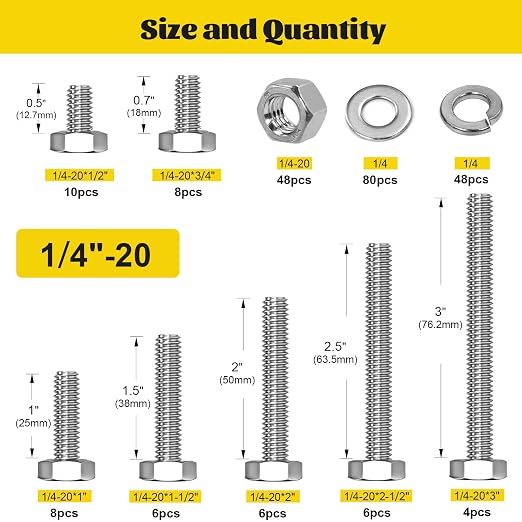 224PCS 1/4''-20 Hex Bolts and Nuts Assortment Kit,1/4-20 x 1/2'', 3/4'', 1'', 1-1/2'', 2'', 2-1/2'', 3'' SAE Stainless Steel Bolts Nuts and Washers Assorted Set, Fully Threaded