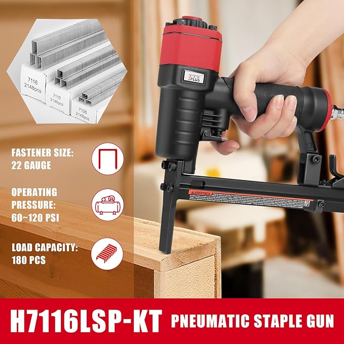3PLUS H7116LSP-KT 22 Gauge 3/8-Inch Crown Pneumatic Upholstery Stapler with Long Nose, Air Stapler Kit, with 6000 Staples, 1/4-Inch to 5/8-Inch