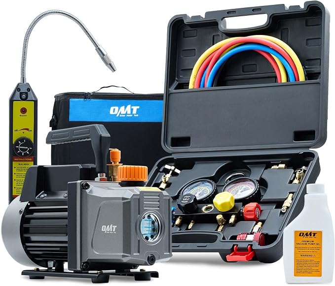 Orion Motor Tech AC Vacuum Pump and Gauge Set, 1/3 hp 4 cfm Vacuum Pump Manifold Gauge Kit with Leak Detector 4 Hoses & Accessories for R134a R22 R410a, A/C Vacuum Pump Kit for Auto HVAC Systems