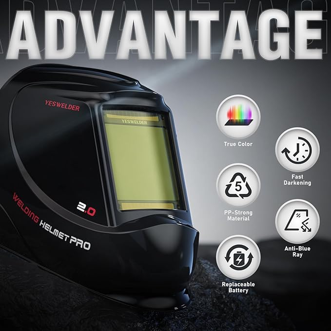 YESWELDER Large View Auto Darkening Welding Helmet, Blue Light Blocking, 1/1/1/1 True Color Solar Powered Welder Hood Mask with 4 Arc Sensors, Wide Shade 3/5-9/9-13 for TIG MIG ARC Cut and Grind