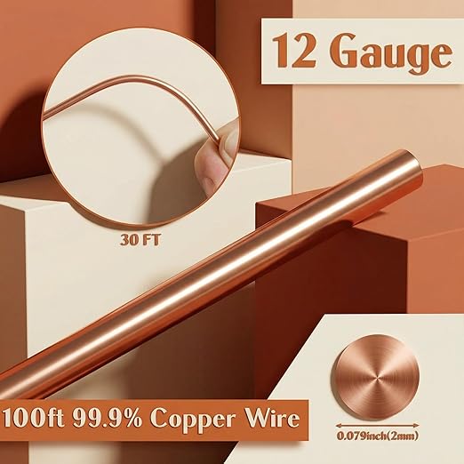 Therwen 30ft 12 Gauge Copper Wire for Gardening, Electroculture, Bonsai, Jewelry Making Beading DIY Craft Pure Bare Copper Wire Spool