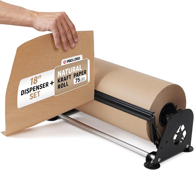 18" Paper Dispenser with Cutter + 75 lb Natural Brown Kraft Paper Roll | Heavy-Duty Steel Holder and 18" x 475 ft USA-Made Grocery Bag Grade Kraft Paper for Packaging, Void Fill, Shipping & Moving