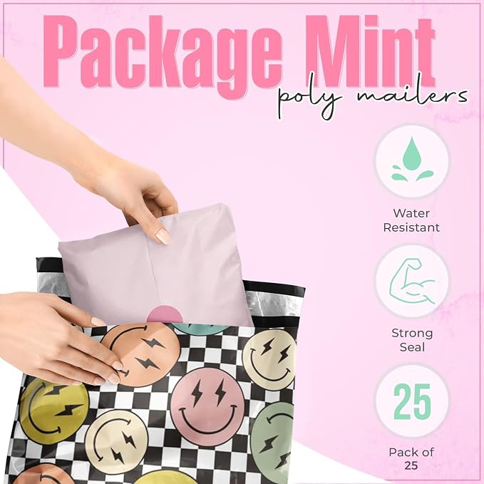 Package Mint 19x24 Poly Mailers - 25 Pack Smiles Checkerboard Design - Waterproof and Tear-Resistant Mailing Bags with Self-Adhesive Seal - Versatile Shipping Bags for Clothes and Accessories