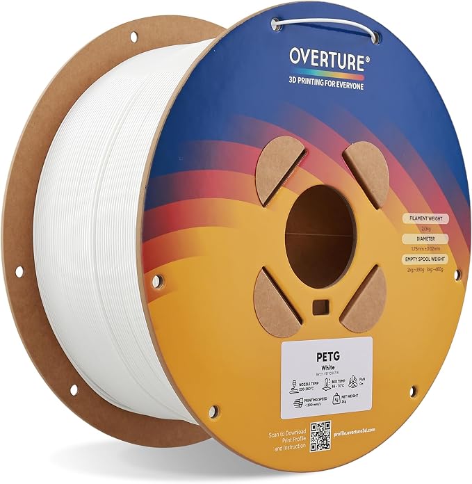 OVERTURE PETG Filament 1.75mm Bundle 2kg, High Speed 3D Printer Filament, Neatly Wound & Clog-Free, 1 Pack 2kg, Accuracy +/- 0.02mm, Fit Most FDM Printers (White 1 Pack)