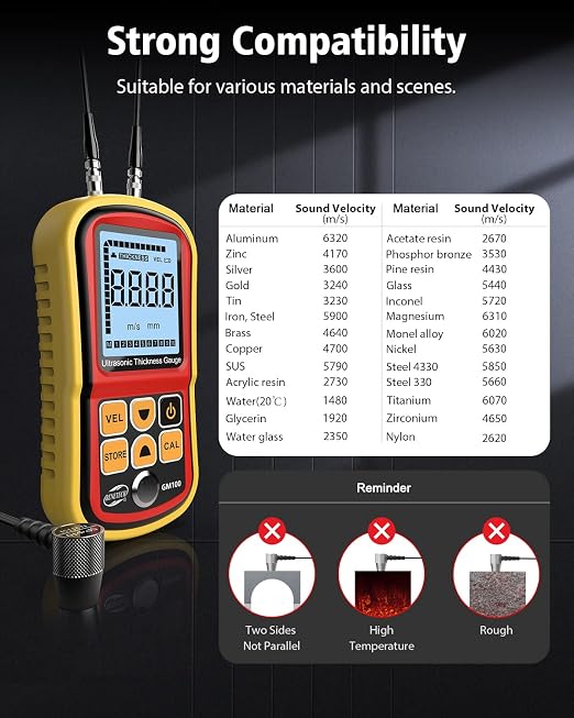 GM100 Digital Ultrasonic Thickness Gauge Meter, Range 0.047 to 8.85in, for Measuring Metal and Nonmetal Aluminum, Zinc, Silver, Gold, Tin, Iron, Steel, Copper, PVC, Glass, Zirconium, Nylon
