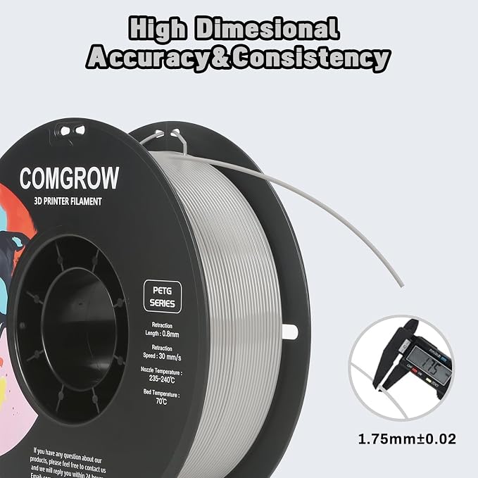 Comgrow PETG 3D Printer Filament 1.75mm, High Precision and Tough 3D Printer Filament 2kg (4.4LBS), Dimensional Accuracy +/- 0.02 mm, Fit Most 3D Printers Gey + Grey