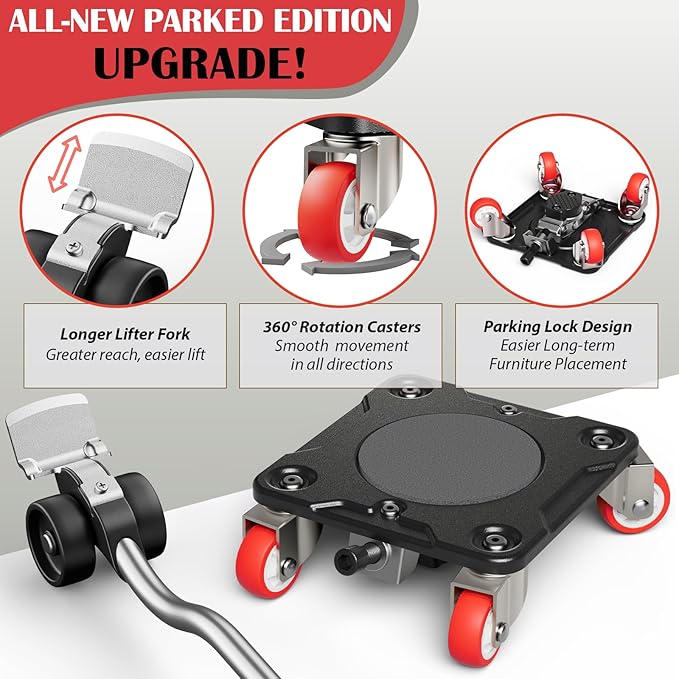 ONEON Heavy Duty Furniture Movers with Wheels Dolly with Auxiliary Lifter, All-New Upgraded Carbon Steel Panels & 360°-Wheeled Casters, Supports up to 1100 lbs (M+Parked)
