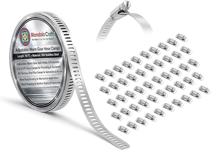 Mandala Crafts 10 FT Adjustable Worm Gear Hose Clamps 304 Stainless Steel Pipe Clamps - Metal Straps Band Strapping with Holes 50 Fasteners for Duct Automotive Mechanical
