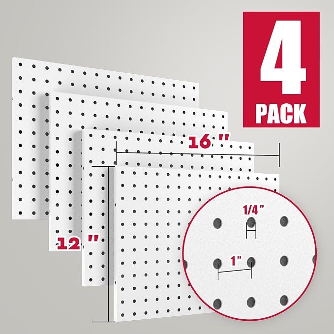Spampur Peg Board, 4 Pack Metal PegBoard Organizer with Accessories, White Pegboard Panels with 50 Pcs Hooks and Baskets, Wall Organizer for Office, Craft Room Organization, Garage, Sewing Room