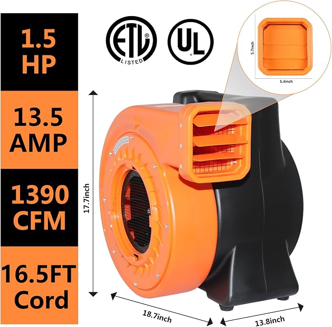 High-Power 1100W 1.5HP Inflatable Commercial Air Blower for Outdoor Bounce Houses, Water Slides air Sofas, Paint Booth and Other Suitable Large Outdoor inflatables Electric Air Pump Fan (Orange)