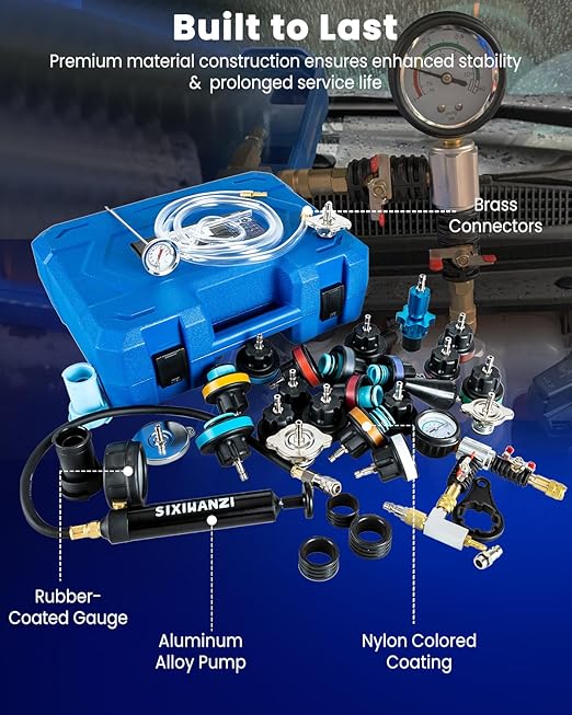 SIXIWANZI 34pc Coolant Pressure Tester and Vacuum Refill Kit with 25 Radiator Adapters, Universal Radiator Pressure Tester Kit for Automotive Cooling System Water Tank Leakage Detection