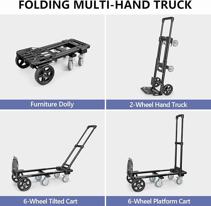 KEDSUM 3-in-1 Convertible Dolly Cart with Wheels, 600LBS Heavy Duty Hand Truck Dolly, Hand Truck with Adjustable Handle Angle & Expandable Base for Home,Warehouses,Dorm, 6-Wheel Design with Brakes