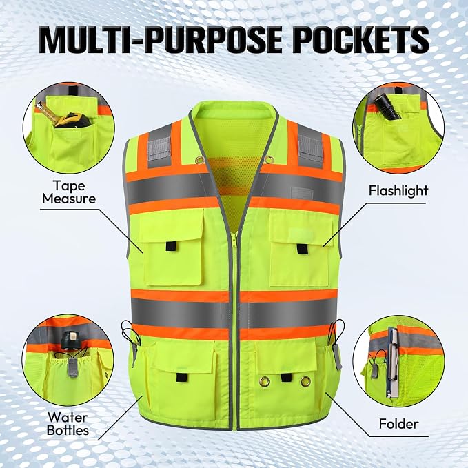 Surveyor Safety Vest with 8 Pockets, ANSI Class 2 High Visibility Vest for Men & Women