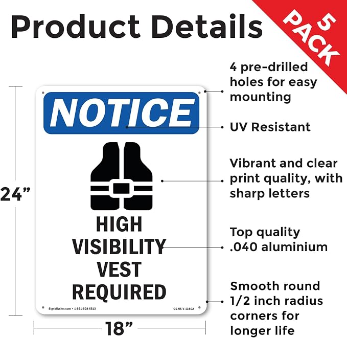 High Visibility Vest OSHA Notice Aluminum Sign 24 Inch x 18 Inch - 5 Pack