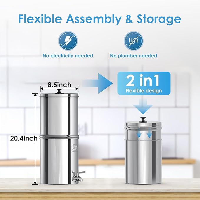 AQUA CREST TN-A Gravity Water Filter System, NSF/ANSI 42&372 Certified Black Carbon Filters, Reduce Lead and Chlorine, Stainless Steel Water System for Home, Camping, Emergencies, 2.25G