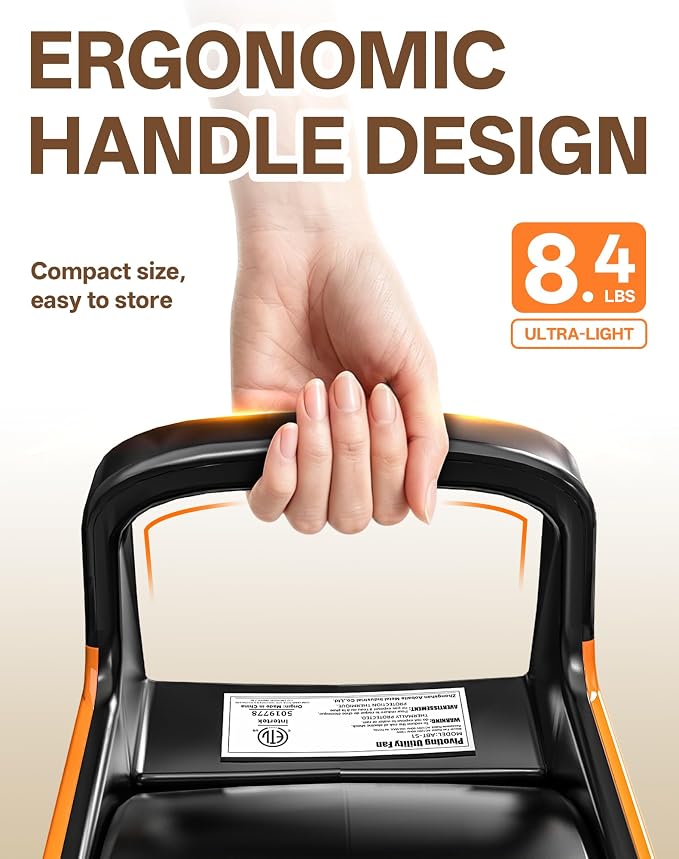 Air Mover Blower Fan, Drying Cooling Ventilating, Removable Filter Screen, 185° Rotation, 3 Adjustable Speeds, 2 AC Outlets, Portable Blower for Home, Garage, Workshop and Job Site, Orange