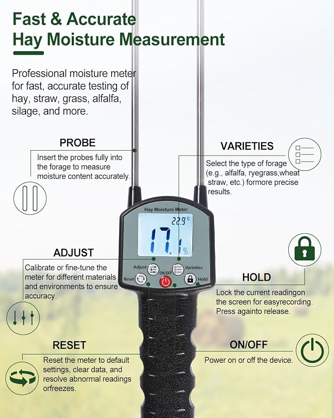 TK100H Hay Moisture Tester, High Accuracy Hay Moisture Meter, Bale Moisture Tester with Long Probe, Portable Bale Moisture Meter for Hay Bales, Forage Grass, Alfalfa, Orchard Grass and Other Hays