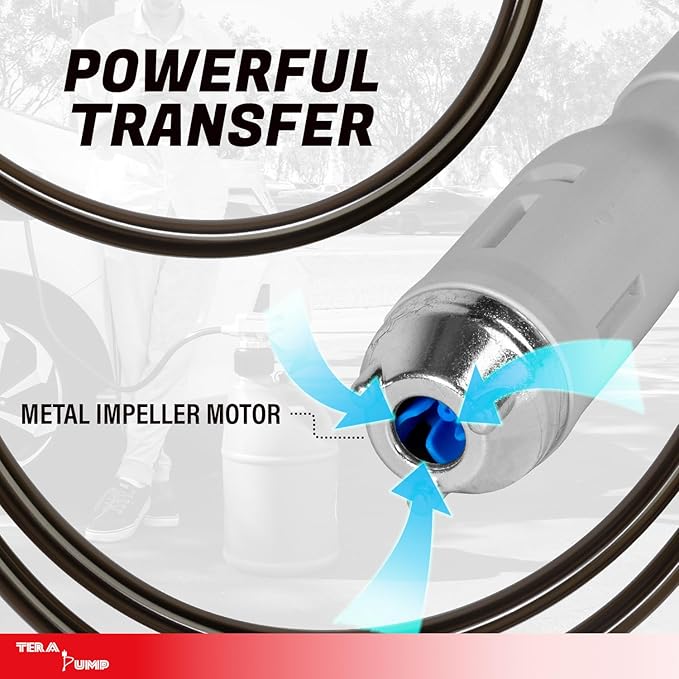 TERA PUMP TRFA01-XL 2nd Gen. Battery Powered Overfill Protection Fuel Transfer Pump w/Universal Gas Can & Utility Jug Adapter, 4.27ft Vinyl Hose, 2.5 GPM for Gas Diesel E15 E85 Fuels | Overfill Protection, Universal Gas Can & Utility Jug Adapter, 4.25f...