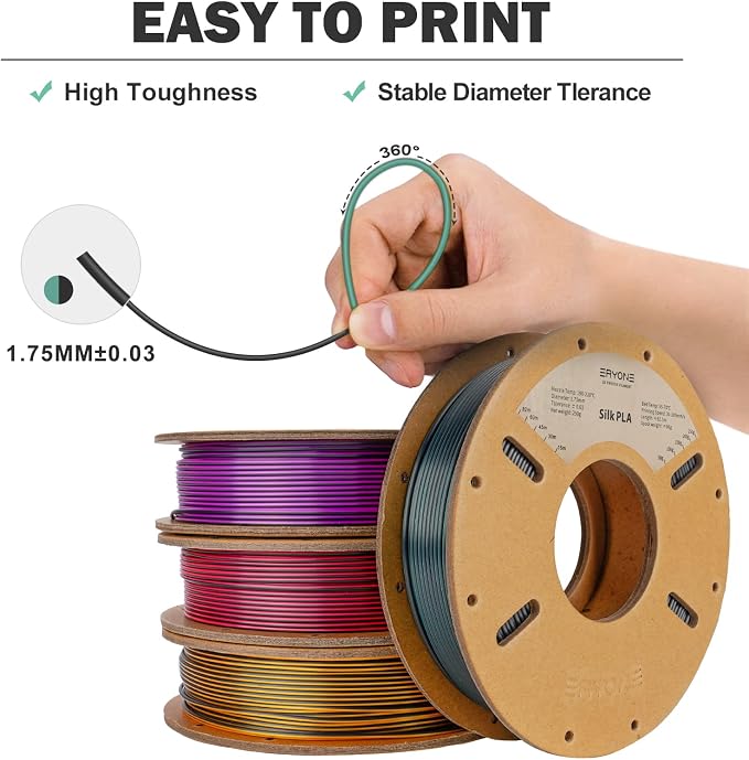 ERYONE PLA Filament 3D Printer Filament Bundle Multicolor 1.75mm +/- 0.03mm, PLA Filament 250g Spool, 4 Rolls, Silk Dual Color 3