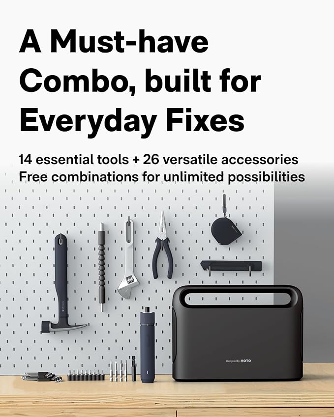 HOTO 40-Piece Tool Kit, Household Essentials Tool Set w/Smart Electric Screwdriver (LED, 3 Torque) + 14 Tools & 26 Accessories Including Allen Wrenches Sets | Pro-Grade Compact Organizer