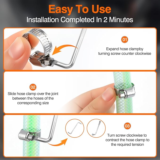 KELIN 202PCS 304 Stainless Steel Hose Clamp Kit, 8 Sizes from 1/4" to 2" (6-51mm) Adjustable Worm Gear Clamps with Socket Wrench & Screwdriver, Automotive Fuel Line Water Pipe Clamps Assortment Set