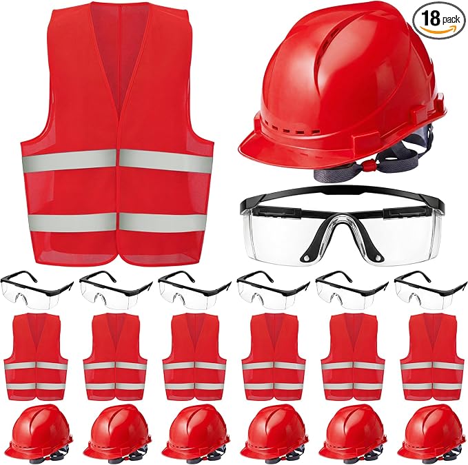 Mumufy 18 Pcs Suspension Hard Hats Safety Helmets Vented Cap Style Helmet with High Visibility Vest Mesh Reflective Anti Fog Safety Goggles Adjustable Temples for Construction Work (Red)