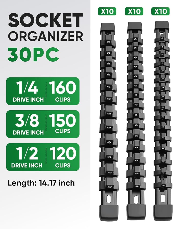 ALOANES 30PC Socket Organizer, Socket Rails Fit 1/2", 1/4" and 3/8" Drive | Heavy Duty ABS Socket Holders Hold 430 Sockets for Mechanics Toolbox Drawer Bags(Black)