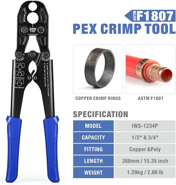 iCrimp Pex Crimping Tool, 1/2-inch & 3/4-inch Copper Ring Heavy Duty Dual Size, c/w Go/No-Go Gauge Meets ASTM F1807