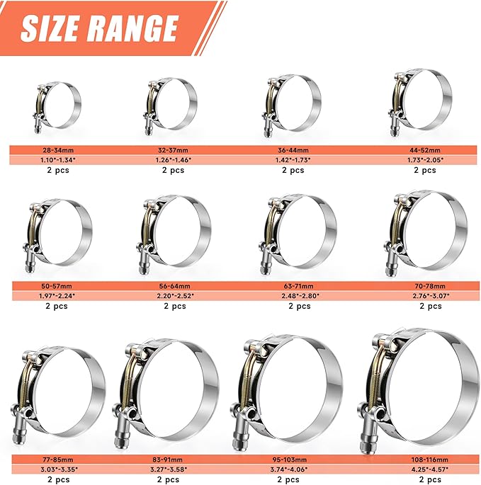 24 Pack 12 Sizes T-Bolt Hose Clamps, Stainless Steel_304 Working Range 28mm-116mm for 0.75"-4" Hose ID, Turbo Intake Intercooler Clamp for Automotive