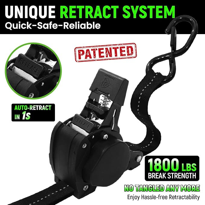 Retractable Ratchet Straps (Patented-2pack) - 1 inch x 10Feet (1,800lb Break Strength) Auto Self Retracting Tie Down Straps - Self Retractable Straps with Refletcive for Motorcyle, Truck or Cargo