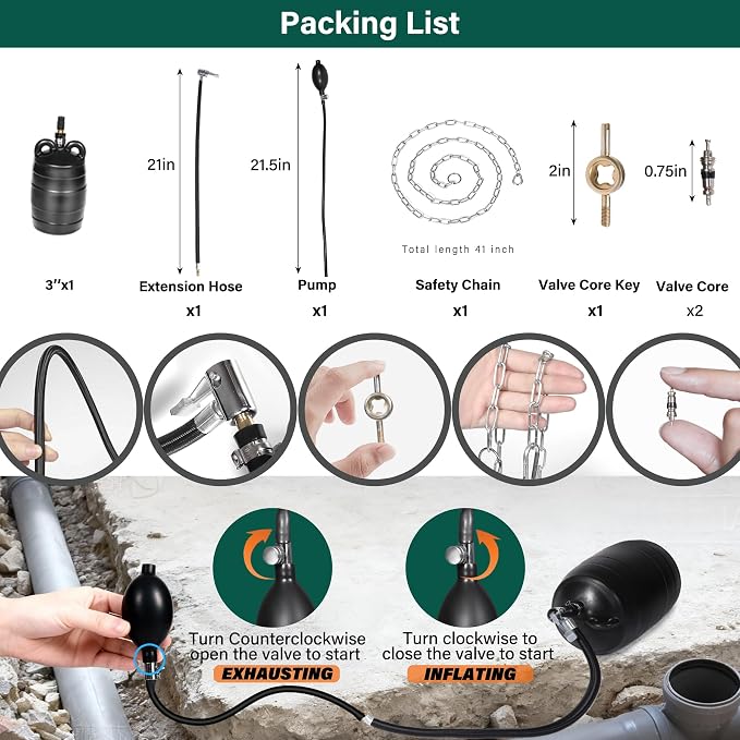 3 Inch Inflatable Pipe Plug Balloon Kit with Extension Hose,Safety Chain & Pump, Rubber Sewer Test Ball for Drain Blocking, Plumbing Pressure Testing/Leak Detection(Fits 2.8"-3.2" Pipes)