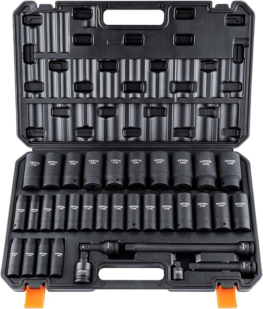 VEVOR 1/2" Drive Impact Socket Set, 34 Piece Socket Set Metric 8-36mm, 6 Point Cr-MO Alloy Steel for Auto Repair, Easy-to-Read Size Markings, Rugged Construction, Includes Storage Case