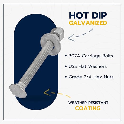 3/8" x 4-1/2" (50 Pack) Galvanized Carriage Bolt Kit, Grade 307A, Hot Dip Galvanized for Exterior Use by Makers Bolt