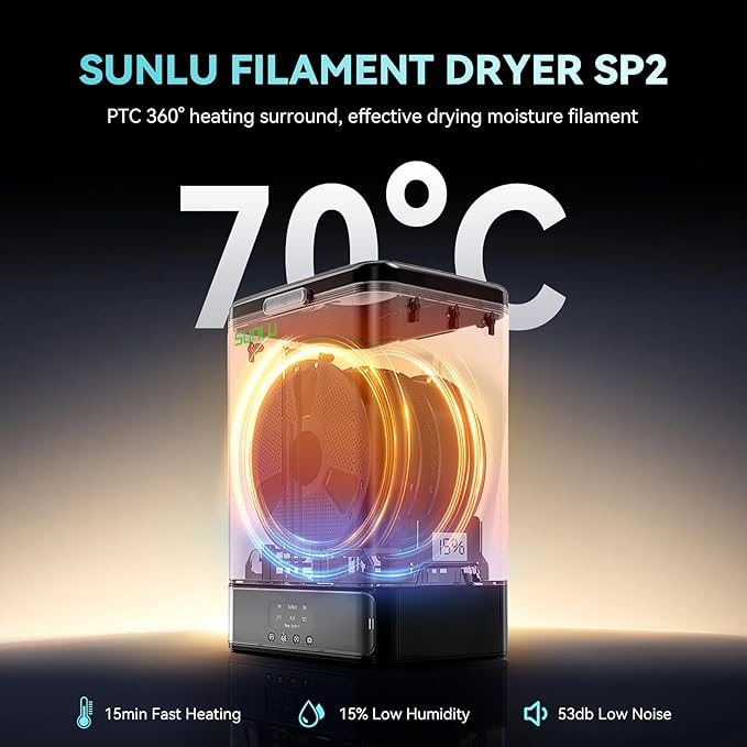 SUNLU 3KG Filament Dryer SP2 & Storage Box, 70℃ Max Temperature and 15min Fast Heating for 3D Printer Filament Drying and Sealing with Heat Control, Compatible with 1.75mm/2.85mm PLA PETG TPU ABS ASA