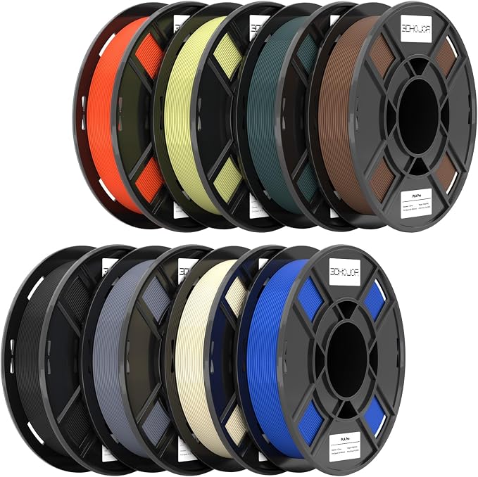 3DHoJor PLA+ 3D Printer Filament Bundle, Multicolor PLA+ Filament 1.75mm, Vacuum Packed, 0.25kg*8 Pack, 2kg Total, Black+Bone White+Grey+Brown+Red+Blue+Almond Yellow+Green