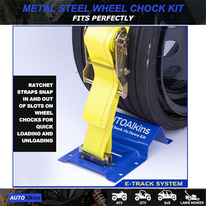 Wheel Chock Tie Down Kit, 4,400lb Break Strength — 4 Heavy Duty E-Track Tire Ratchet Straps & 8 Steel Wheel Chocks, Complete Trailer Tie Down System for ATV, UTV, Lawn Mower & SxS (Blue)