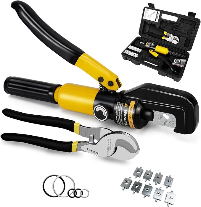 Hydraulic Crimping Tool and Cable Cutter,12 AWG to 2/0 (00), Battery Cable Crimper with 9 Crimping Dies, Hydraulic Wire Crimper Kit for Cable Lug, Ring Terminals, Wire Rope