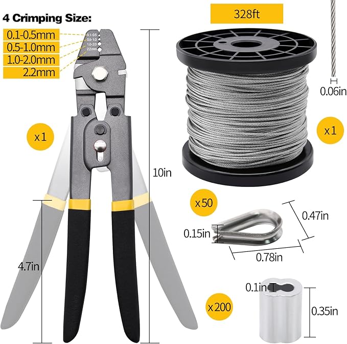 328ft 1/16" Wire Rope Crimping Tool Kit | for Railing, Decking, Picture Hanging