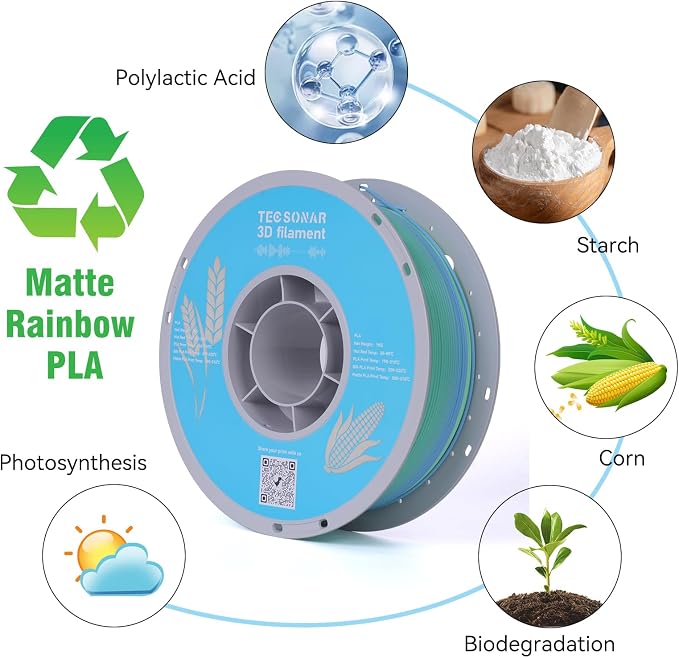 TECSONAR Matte Rainbow PLA 3D Printer Filament, 1KG Spool(2.2lbs) 1.75mm PLA Fast Color Change 3D Printing Material, Multicolor Gradient Filament for Most FDM 3D Printers,Matte Rainbow