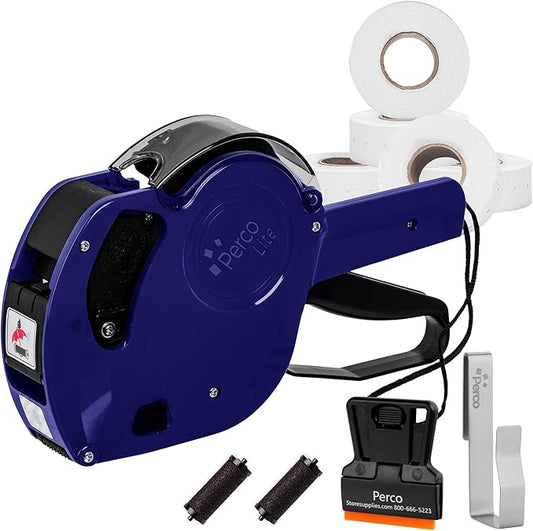 Perco Lite 1 Line Price Gun Kit for Retail Business – Includes 5 White Rolls, Gun Clip & Ink Rollers – Pre-Loaded Pricing Gun w Labels & Ink