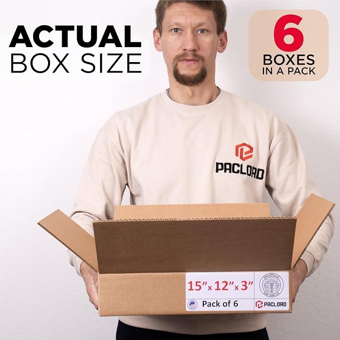 Flat Cardboard Boxes 15"L x 12"W x 3"H (Pack of 6) - USA-Made Packing Boxes for Moving, Shipping, or Storage - USPS, UPS, FedEx Approved - Professional Packing Supplies for Moving | USA-Made Packing Boxes for Moving, Shipping, or Storage - USPS, UPS, F...