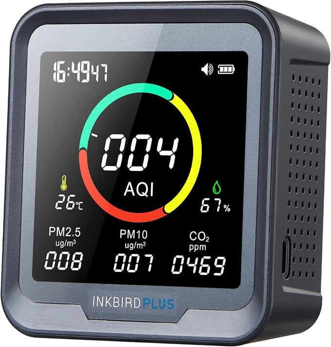 INKBIRDPLUS 6-in-1 Indoor Air Quality Monitor, Detects CO2, PM2.5, PM10, AQI, Temperature and Humidity for Rooms, Cellars, Grow Tents, Offices, etc. (PTH-9A)