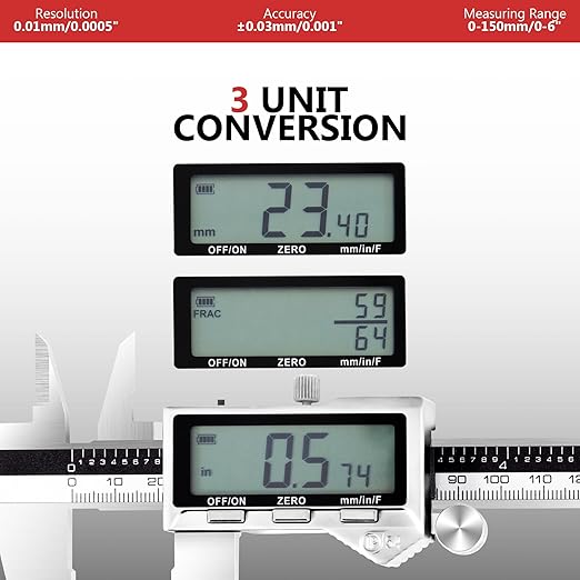 Rechargeable Caliper 12 inch, Stainless Steel Vernier Micrometer Measuring Tool with Large LCD Display