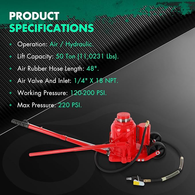 Air Hydraulic Bottle Jack 50 Ton (11 0231 LBS) Pneumatic Bottle Jack Lift Range 27-43cm Air Transmission Jack with Pneumatic & Manual Hand Pump, for Pickup, Truck, RV, Auto Repair, Red