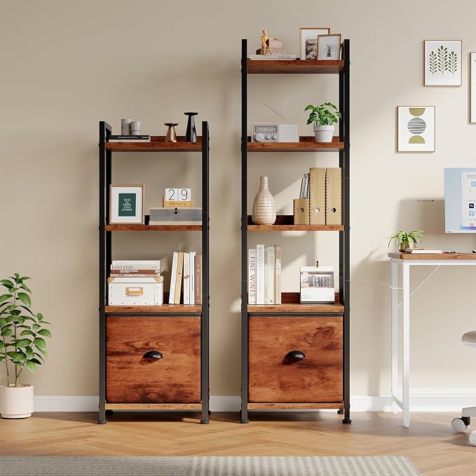 DUMOS 5 Tier Bookshelf with Fabric Drawer, Tall Industrial Bookcase, Narrow Display Standing Shelf, Wood and Metal Storage Shelf Organizer in Bedroom, Living Room, Brown