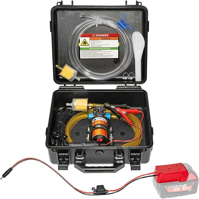 24V 85GPH Fuel Transfer Pump Set with Patented Pulley Lead Pipe & Battery Adapter, Compatible with Milwaukee M18 Battery, for Vehicles, Boats(85GPH 24V, Pump with Red Adapter)