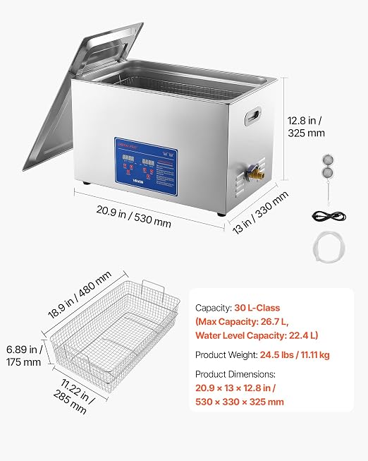VEVOR Ultrasonic Cleaner 30L-Class Capacity Ultrasonic Parts Cleaner 40kHz, Digital Time and Temp Control, Stainless Steel Ultra Sonic Cleaning Machine with Cleaning Baskets, for Auto Parts, Glasses